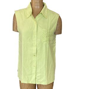 Silkland 100% Silk Sleeveless Button Up Top Beaded Sz L Pastel Lime Green 283D